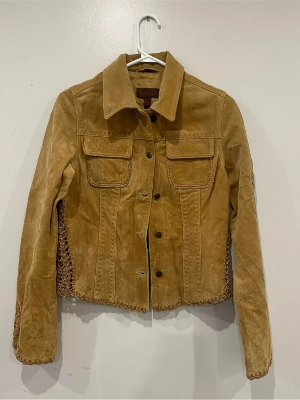 Danier Tan Suede Leather Jacket Crochet Trim Button Front Women’s Medium